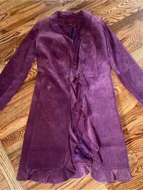 VTG Margaret Godfrey Purple  Suede Leather Ruffle Trench Coat Size 6P Fairy Y2K